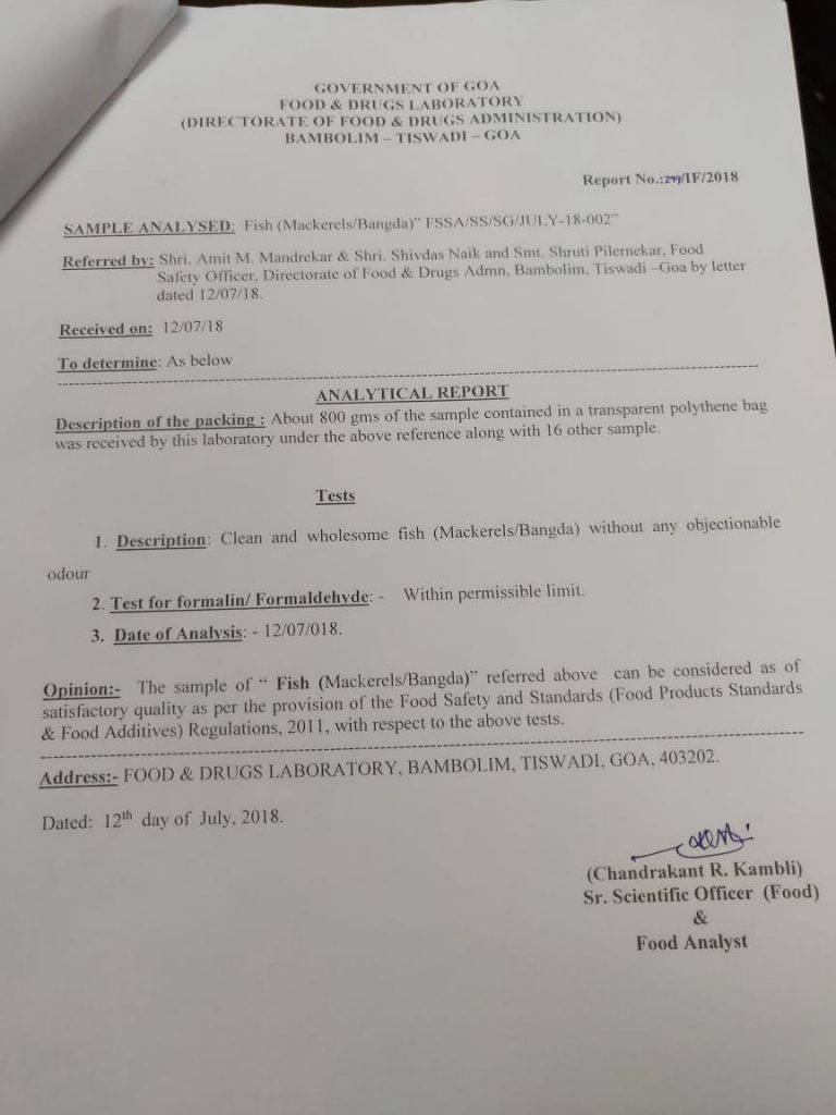 After CM, Vishwajit Rane directions, FDA Makes public, the report on fish samples