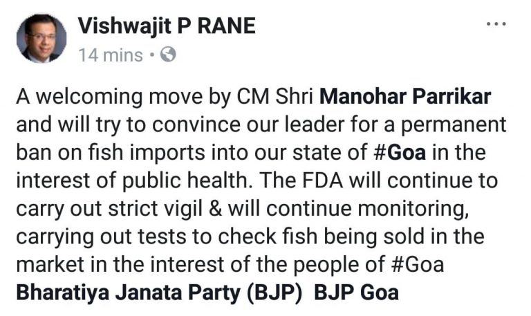 Vishwajit Rane for permanent ban on fish import in Goa