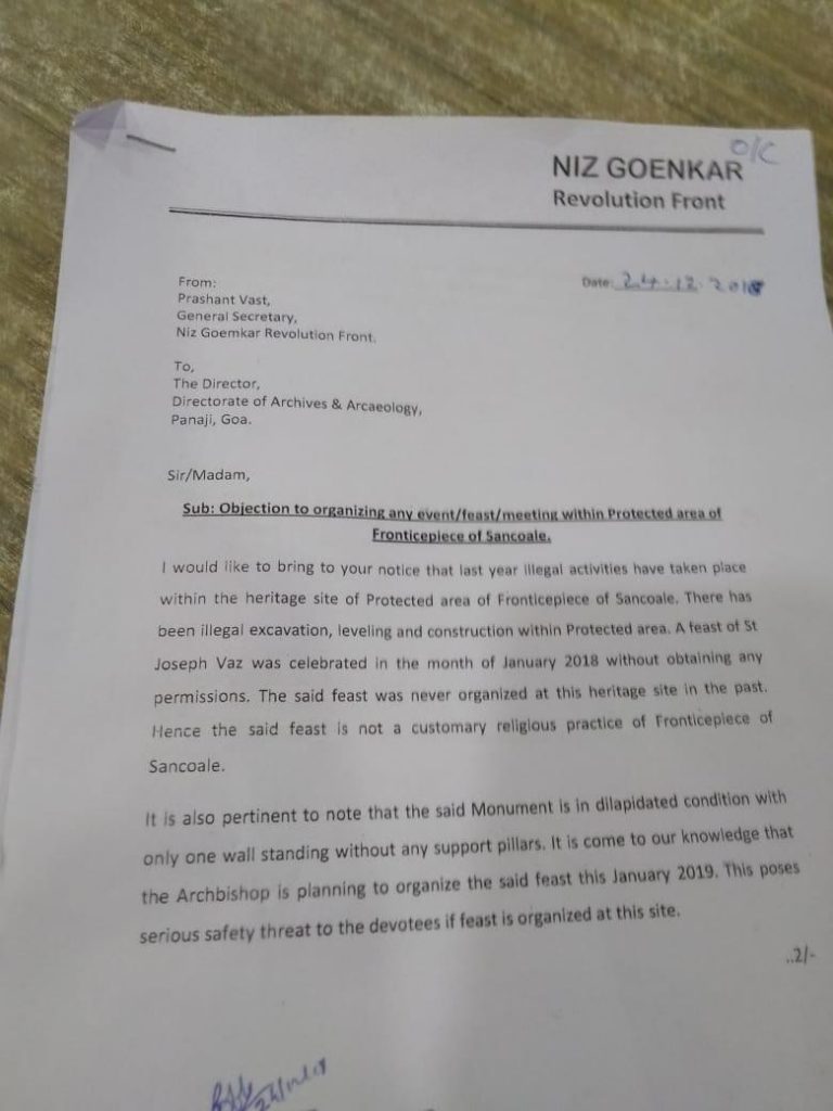 Niz Goemkar group opposes plans to host St Joseph Vaz feat in the protected areas of Fronticepiece of Sancoale