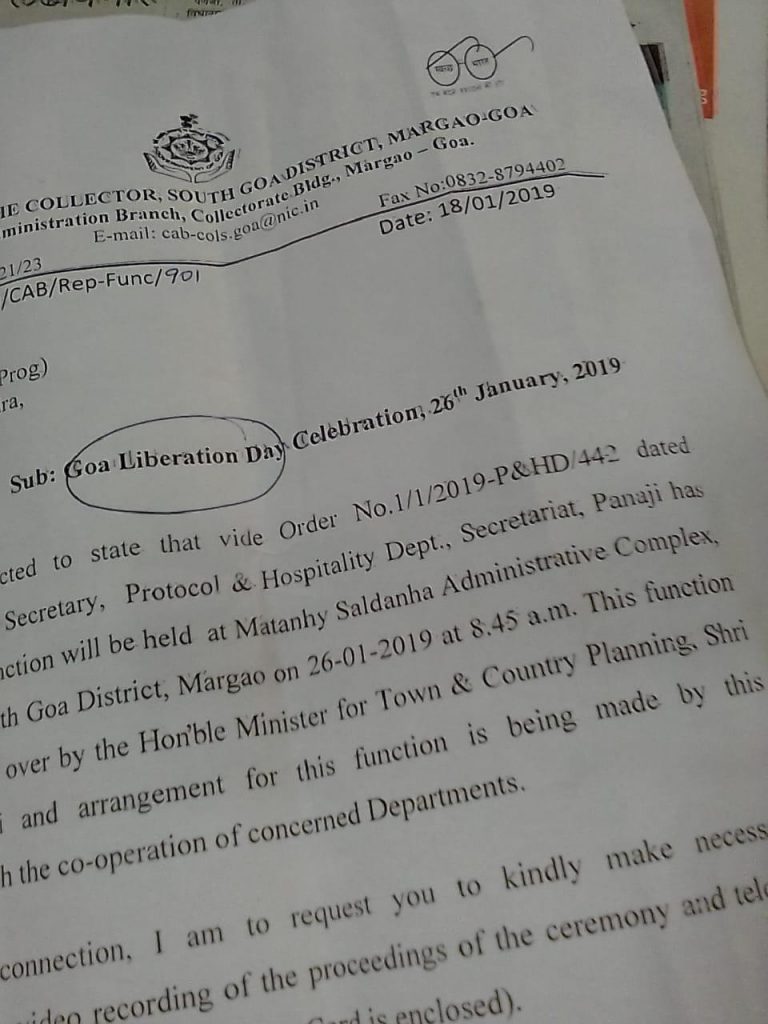 South District Administration feels 26thJan is Goa Liberation Day