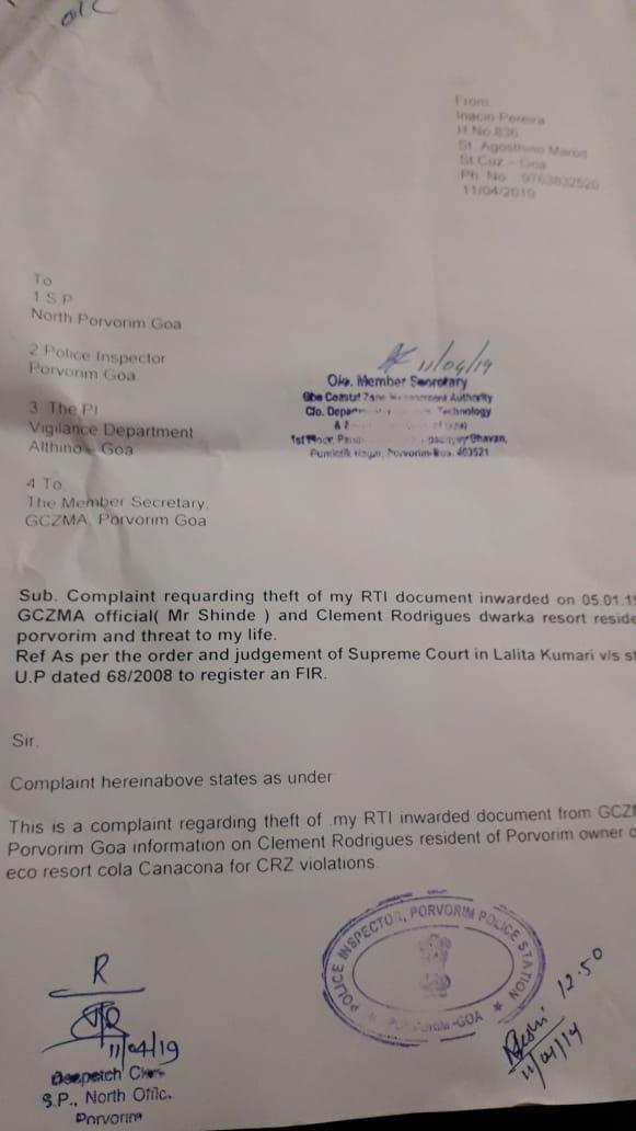 RTI document from GCZMA stolen, social activist files complaint
