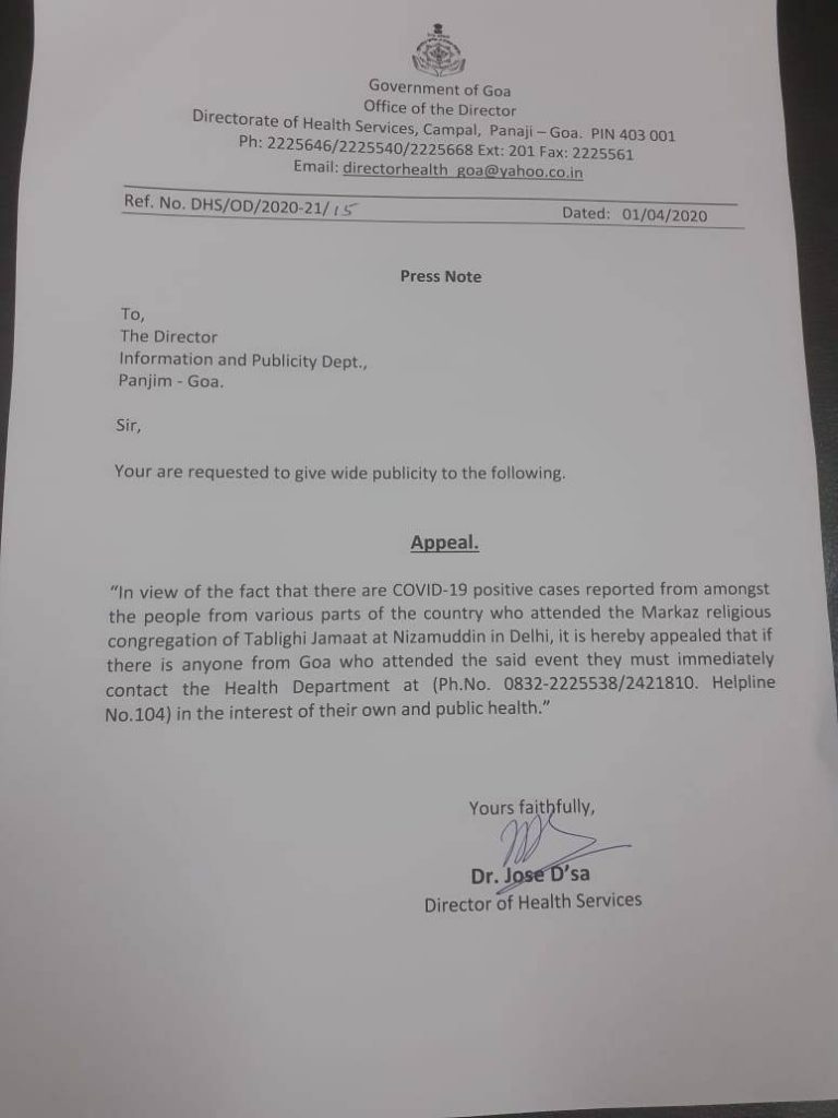 Goa health authorities are scouting for those who attended Tablighi Jammat in Delhi