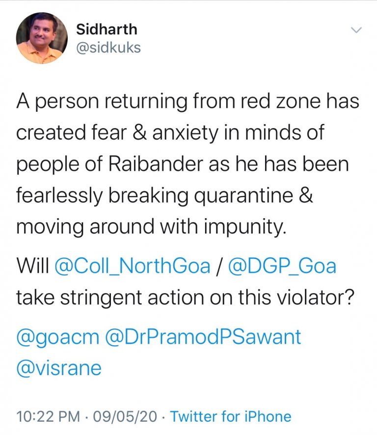 Man in Ribandar is breaking quarantine rules: Siddharth Kunkolienkar
