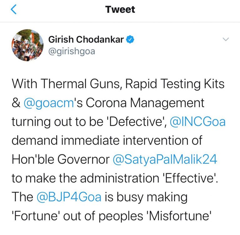 Thermal guns, rapid testing kits defective, claims Girish Chodankar