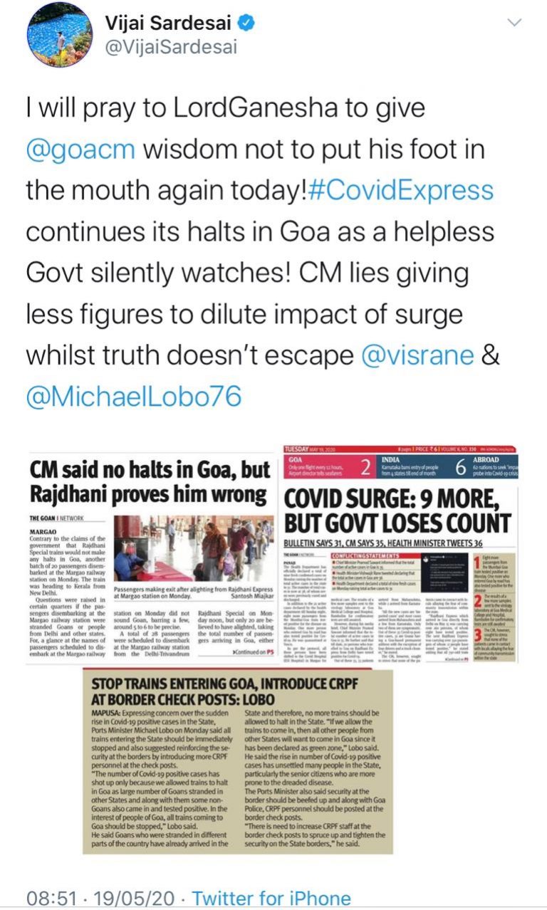 Covid express continues to halt in Goa: Vijai Sardesai