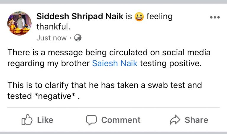 Union Minister Shripad Naik’s younger son tests negative for COVID-19 infection