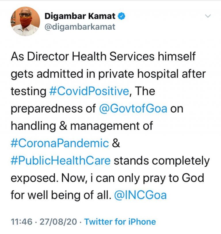 Kamat questions preparedness of state to tackle Covid after D’Sa prefers private hospital