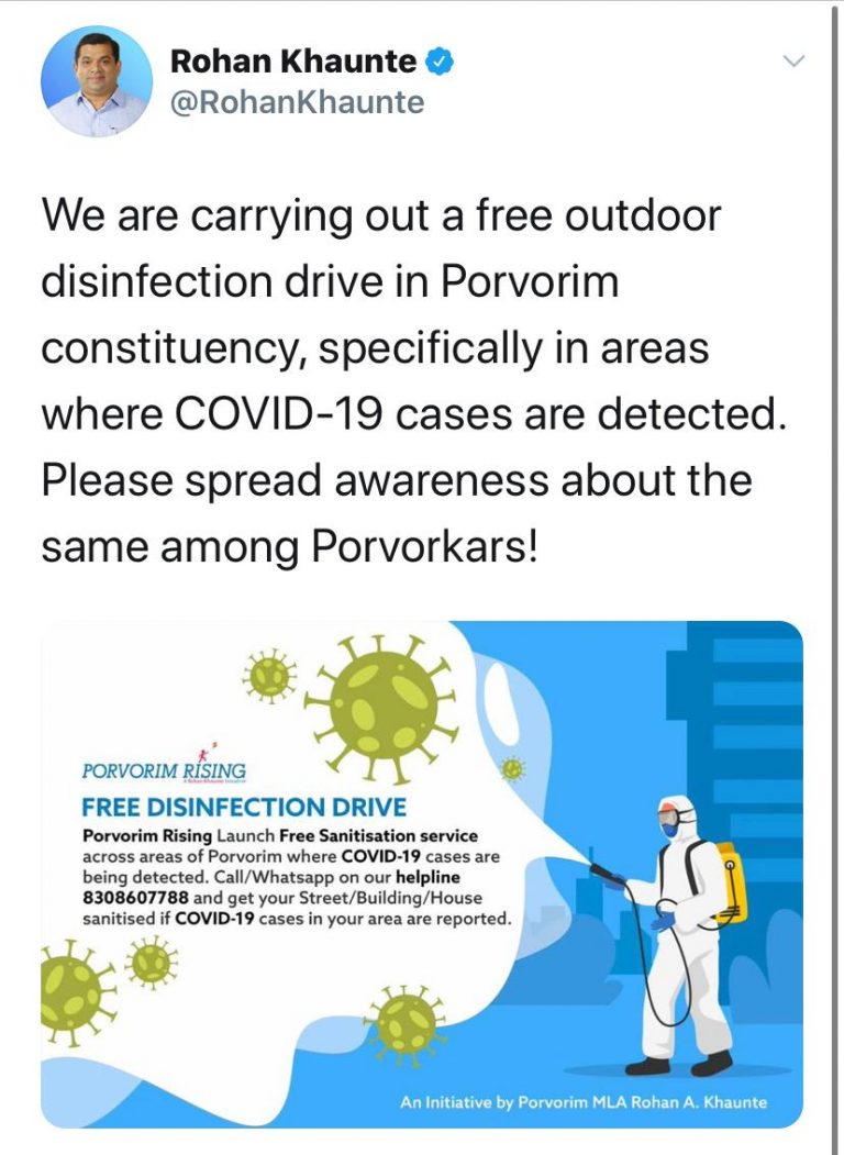 Rohan Khaunte undertakes free outdoor special disinfection drive in his constituency