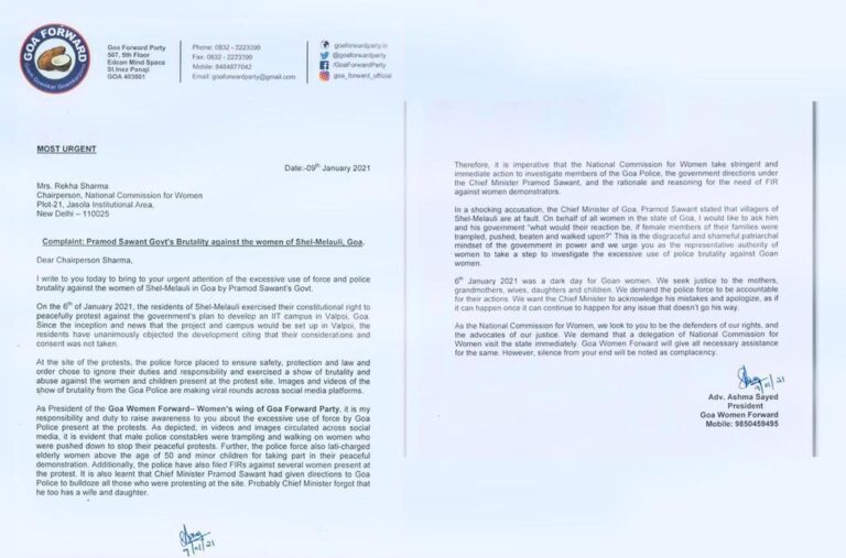 Goa Women Forward writes to NCW over violence against women protestors
