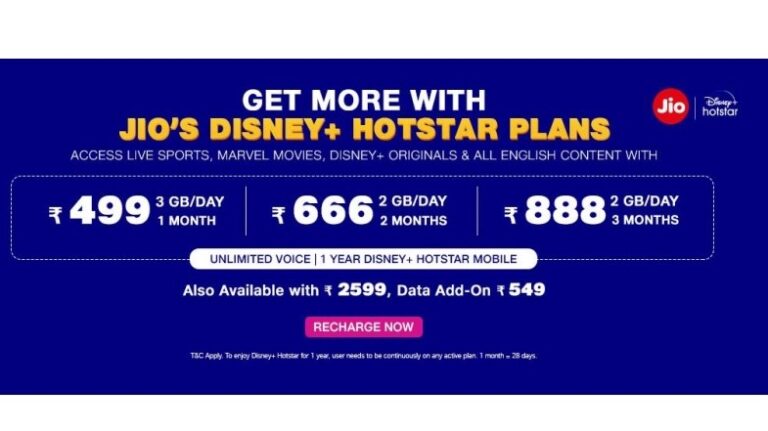 Jio launches 5 prepaid recharge plans with free Disney+ Hotstar subscription