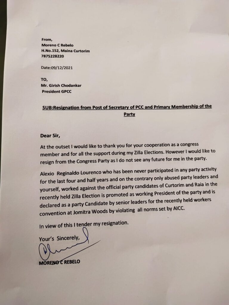 Curtorim leader Moreno Rebelo resigns from Congress, likely to join BJP