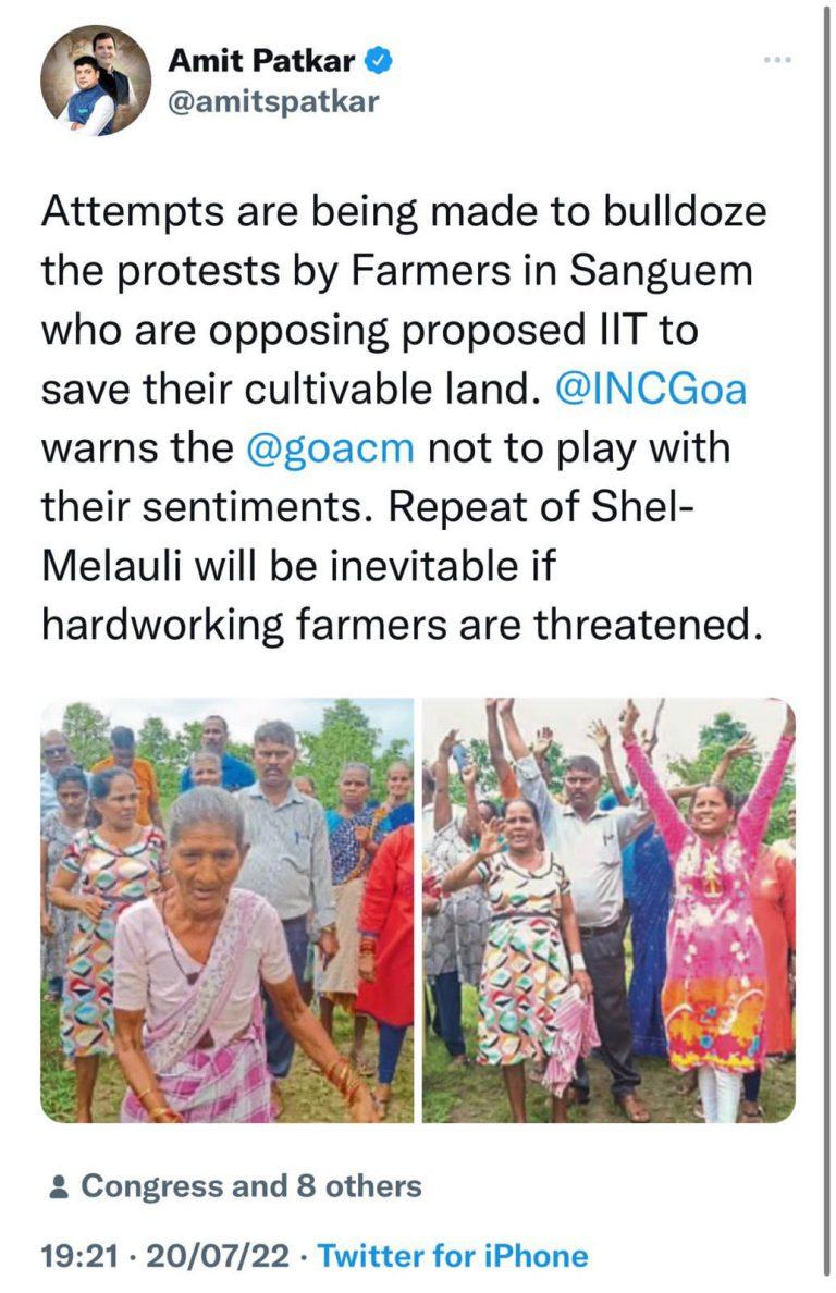 Don’t  repeat Shel Melauli in Sanguem by threatening the farmers, DGP must book Social Welfare Minister for threatening farmers -Amit Patkar