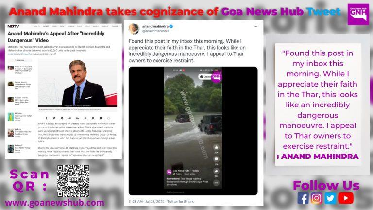 Mahindra’s Boss Anand Mahindra quotes GoaNewsHub tweet on Thar at Doodhsagar