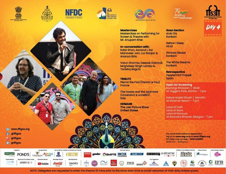 #53rdEditionOfIFFIGoa ||  Schedule of Events of Day 4 at 53rd Edition of IFFI Goa #IFFI2022