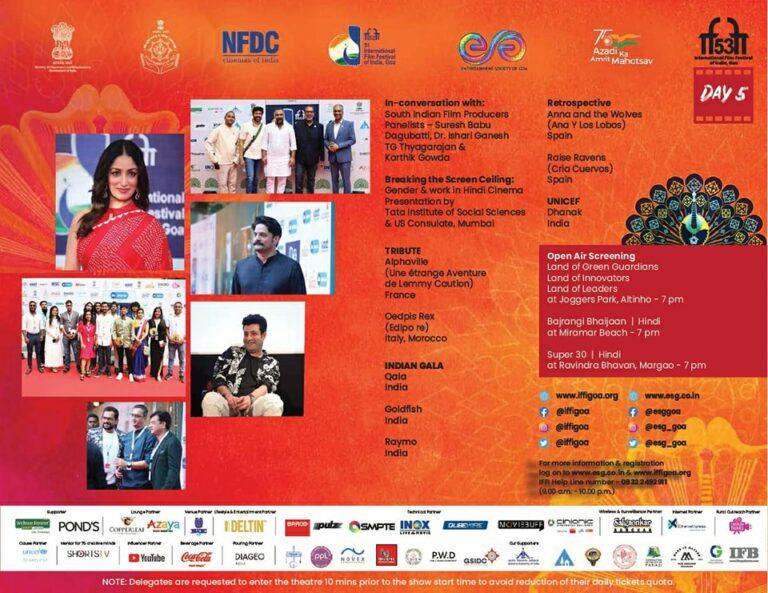 #53rdEditionOfIFFIGoa ||  Schedule of Events of Day 5 at 53rd Edition of IFFI Goa #IFFI2022