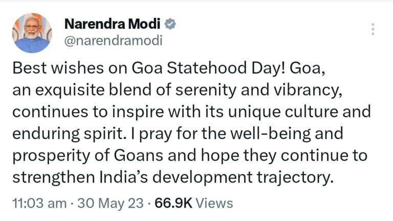 PM Modi wishes Goa on its statehood day