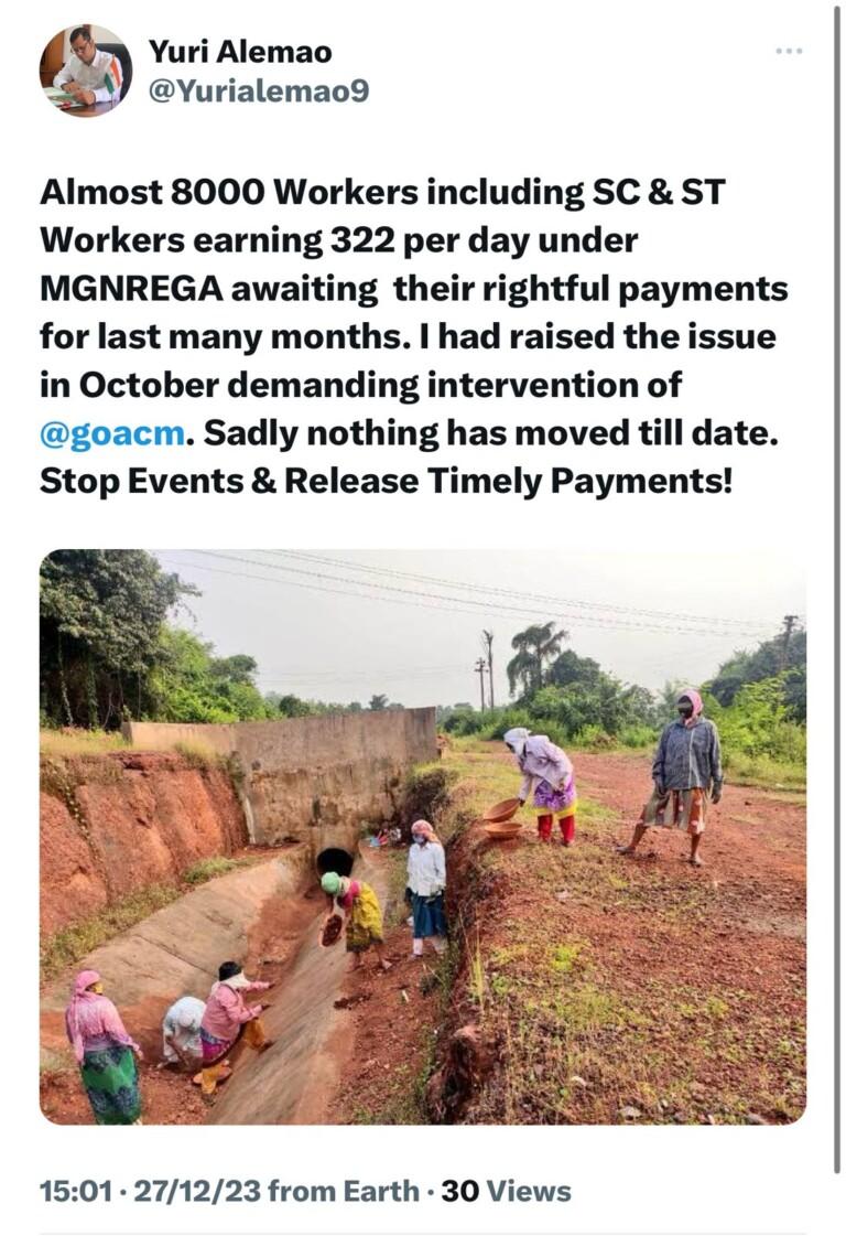 8000 Mgnrega workers awaiting their rightful wages, stop events and release timely payments – Yuri Alemao