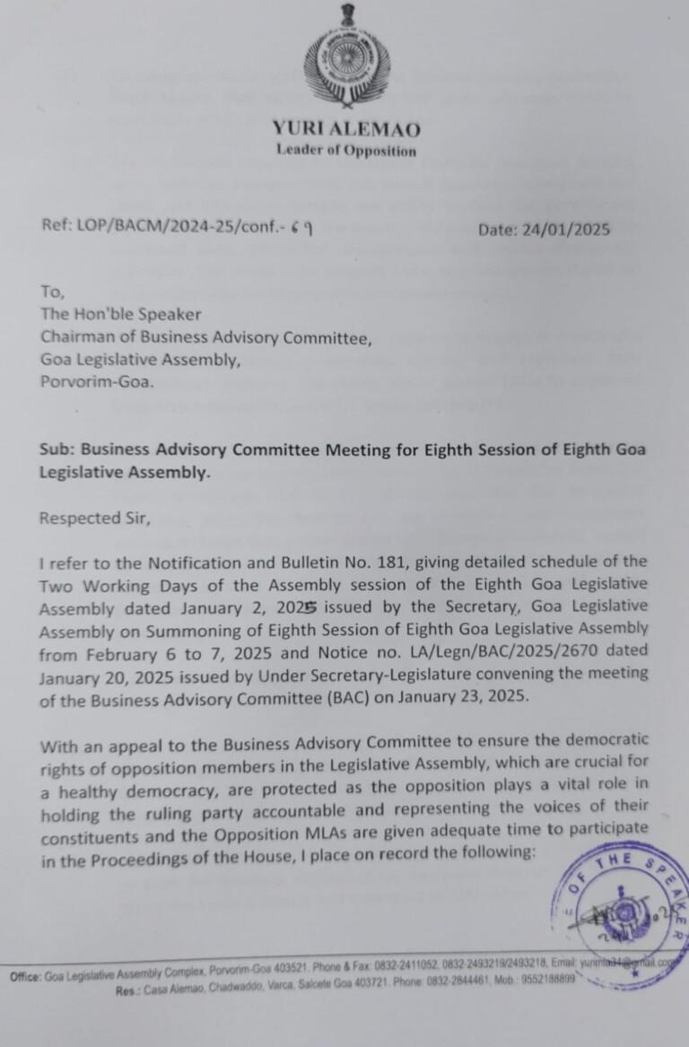 Weakening Assembly Business Is Threat to Democracy; LoP Alemao Writes to BAC Chief